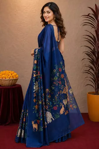  blue chanderi cotton blend printed work 1 minute ready to wear saree with unstitched blouse piece