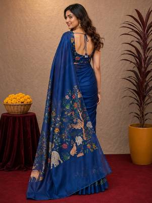  blue chanderi cotton blend printed work 1 minute ready to wear saree with unstitched blouse piece 3