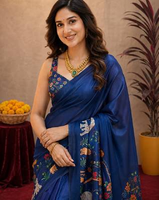  blue chanderi cotton blend printed work 1 minute ready to wear saree with unstitched blouse piece 5
