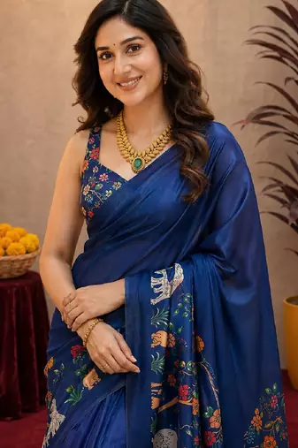 blue chanderi cotton blend printed work 1 minute ready to wear saree with unstitched blouse piece