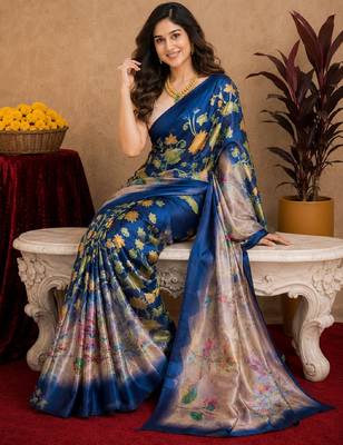  blue beige chanderi cotton blend printed  1 minute ready to wear saree with unstitched blouse piece 1