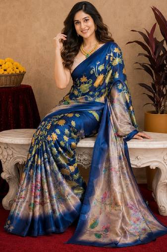  blue beige chanderi cotton blend printed  1 minute ready to wear saree with unstitched blouse piece