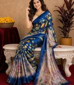  blue beige chanderi cotton blend printed  1 minute ready to wear saree with unstitched blouse piece