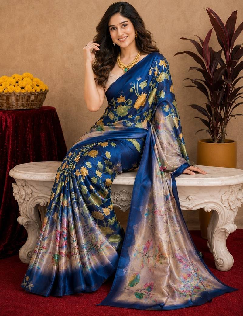  blue beige chanderi cotton blend printed  1 minute ready to wear saree with unstitched blouse piece