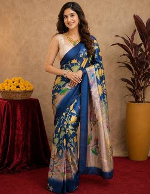  blue beige chanderi cotton blend printed  1 minute ready to wear saree with unstitched blouse piece 2