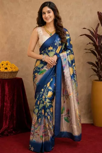  blue beige chanderi cotton blend printed  1 minute ready to wear saree with unstitched blouse piece