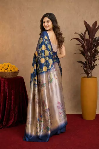  blue beige chanderi cotton blend printed  1 minute ready to wear saree with unstitched blouse piece