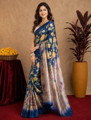  blue beige chanderi cotton blend printed  1 minute ready to wear saree with unstitched blouse piece 4