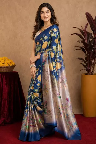  blue beige chanderi cotton blend printed  1 minute ready to wear saree with unstitched blouse piece
