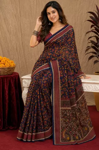  blue purple chanderi cotton blend printed 1 minute ready to wear saree with unstitched blouse piece