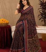  blue purple chanderi cotton blend printed 1 minute ready to wear saree with unstitched blouse piece