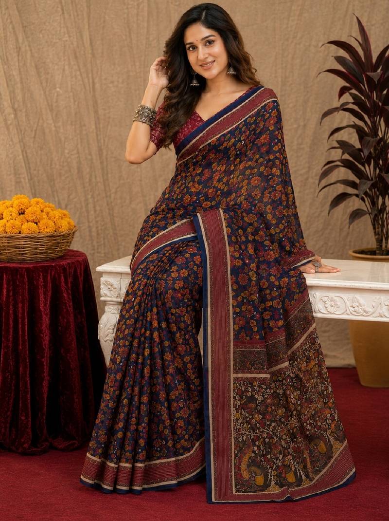  blue purple chanderi cotton blend printed 1 minute ready to wear saree with unstitched blouse piece