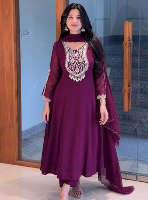 Wine faux georgette embroidered anarkali set 1