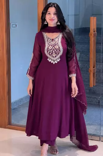 Wine faux georgette embroidered anarkali set