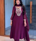 Wine faux georgette embroidered anarkali set