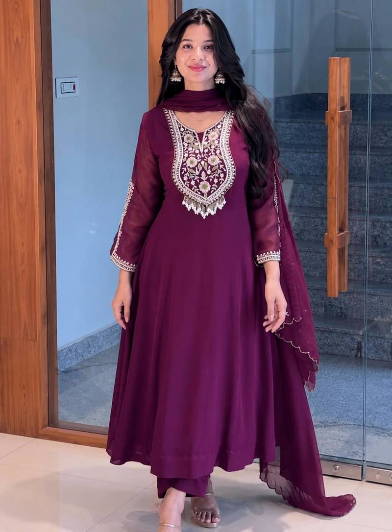 Wine faux georgette embroidered anarkali set