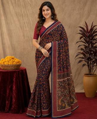  blue purple chanderi cotton blend printed 1 minute ready to wear saree with unstitched blouse piece 2