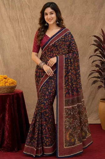  blue purple chanderi cotton blend printed 1 minute ready to wear saree with unstitched blouse piece