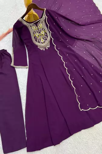 Wine faux georgette embroidered anarkali set