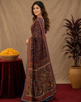  blue purple chanderi cotton blend printed 1 minute ready to wear saree with unstitched blouse piece 3