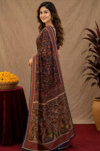 blue purple chanderi cotton blend printed 1 minute ready to wear saree with unstitched blouse piece