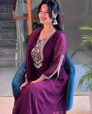 Wine faux georgette embroidered anarkali set 3