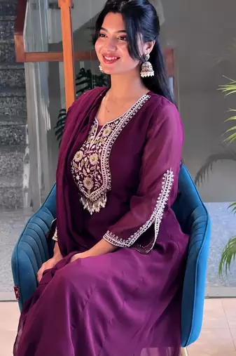 Wine faux georgette embroidered anarkali set