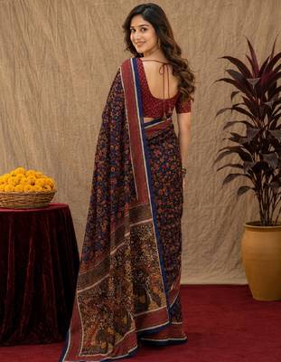  blue purple chanderi cotton blend printed 1 minute ready to wear saree with unstitched blouse piece 4