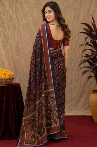  blue purple chanderi cotton blend printed 1 minute ready to wear saree with unstitched blouse piece