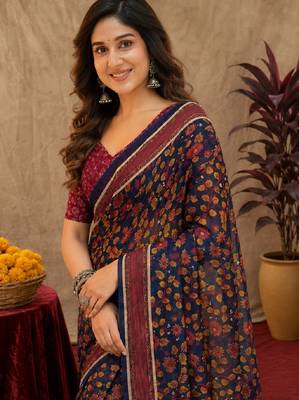  blue purple chanderi cotton blend printed 1 minute ready to wear saree with unstitched blouse piece 5