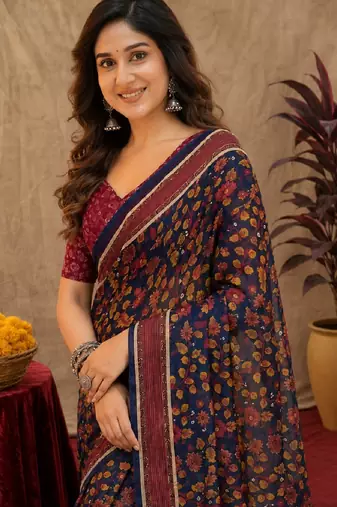  blue purple chanderi cotton blend printed 1 minute ready to wear saree with unstitched blouse piece