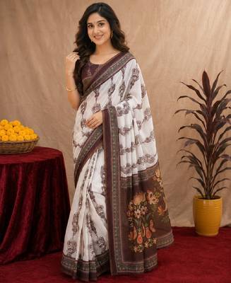  white coffee chanderi cotton blend printed 1 minute ready to wear saree with unstitched blouse piece 1