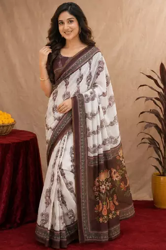  white coffee chanderi cotton blend printed 1 minute ready to wear saree with unstitched blouse piece