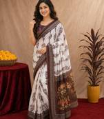  white coffee chanderi cotton blend printed 1 minute ready to wear saree with unstitched blouse piece