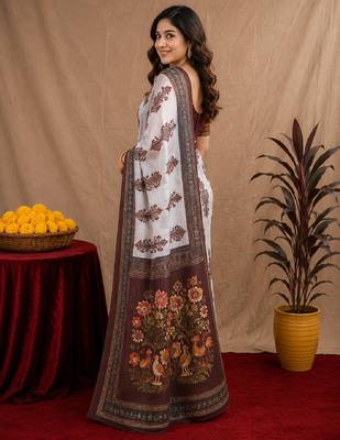  white coffee chanderi cotton blend printed 1 minute ready to wear saree with unstitched blouse piece 2