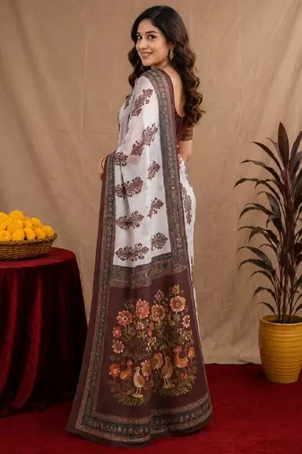  white coffee chanderi cotton blend printed 1 minute ready to wear saree with unstitched blouse piece