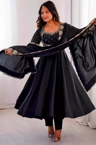 Black silk blend embroidered anarkali set