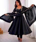Black silk blend embroidered anarkali set
