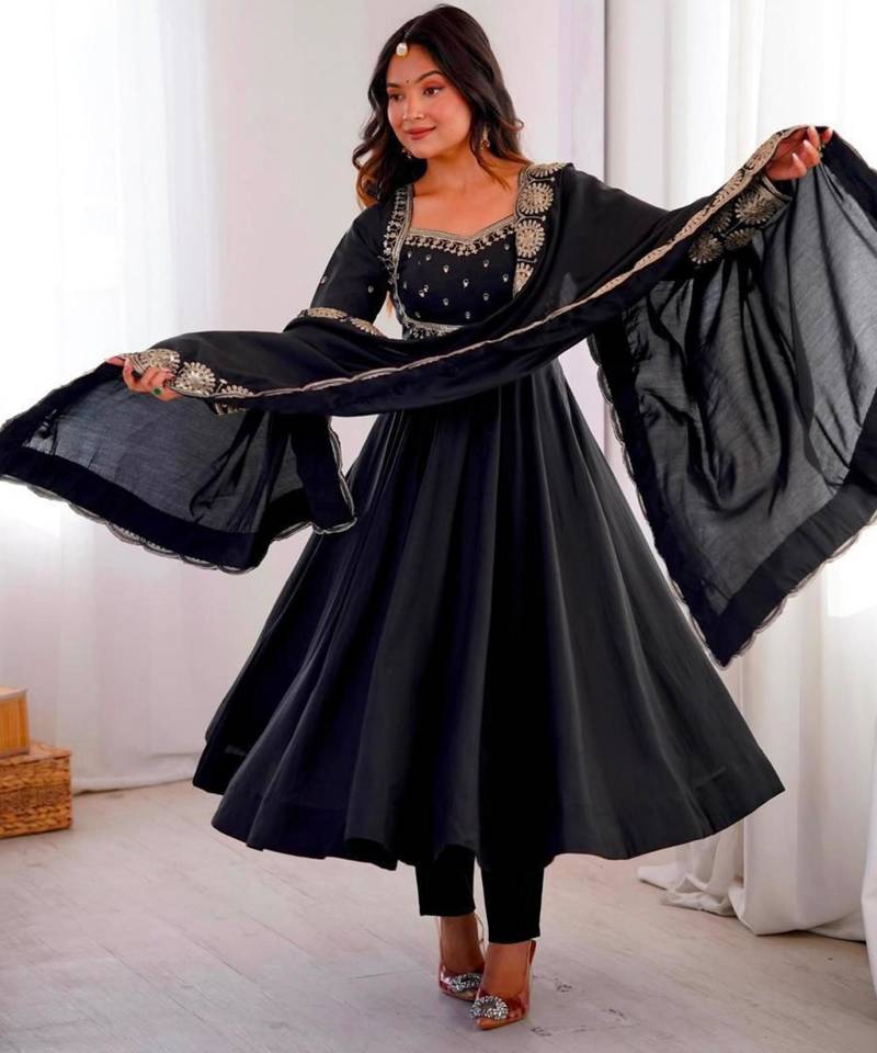 Black silk blend embroidered anarkali set