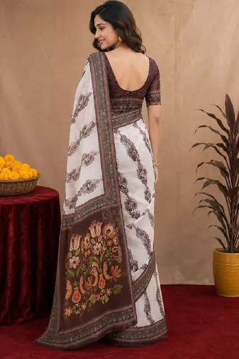  white coffee chanderi cotton blend printed 1 minute ready to wear saree with unstitched blouse piece