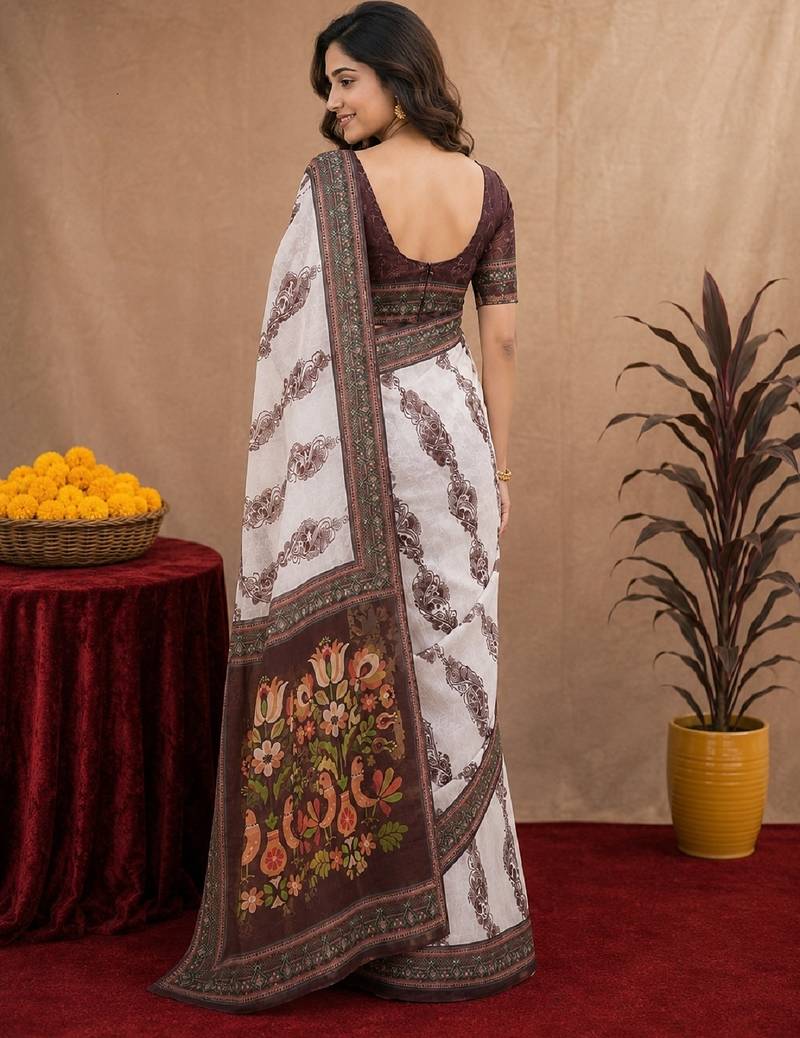  white coffee chanderi cotton blend printed 1 minute ready to wear saree with unstitched blouse piece