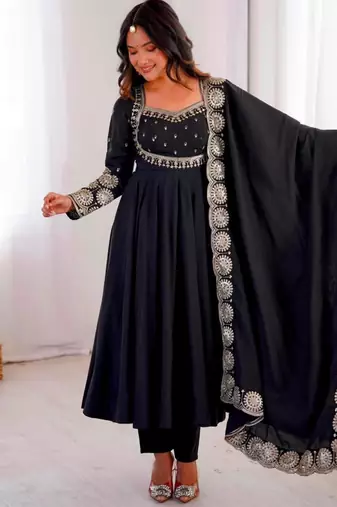 Black silk blend embroidered anarkali set