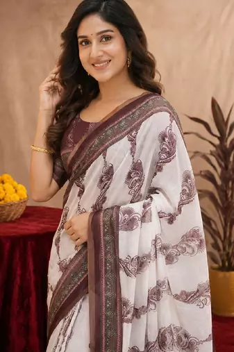  white coffee chanderi cotton blend printed 1 minute ready to wear saree with unstitched blouse piece