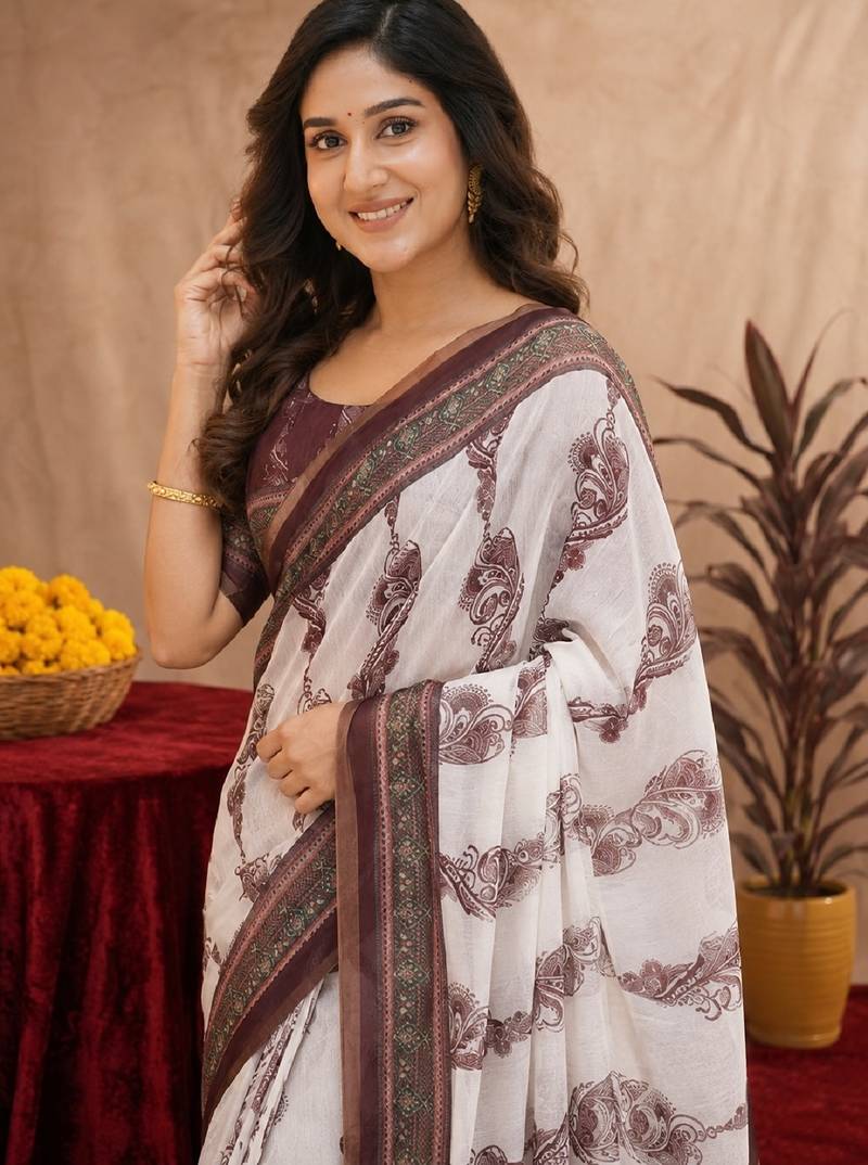  white coffee chanderi cotton blend printed 1 minute ready to wear saree with unstitched blouse piece