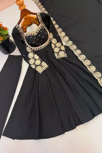 Black silk blend embroidered anarkali set