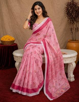  baby pink chanderi cotton blend printed  1 minute ready to wear saree with unstitched blouse piece 1