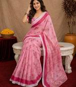  baby pink chanderi cotton blend printed  1 minute ready to wear saree with unstitched blouse piece