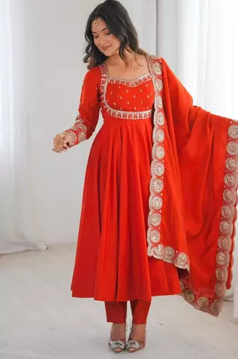 Red silk blend embroidered anarkali set