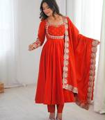 Red silk blend embroidered anarkali set