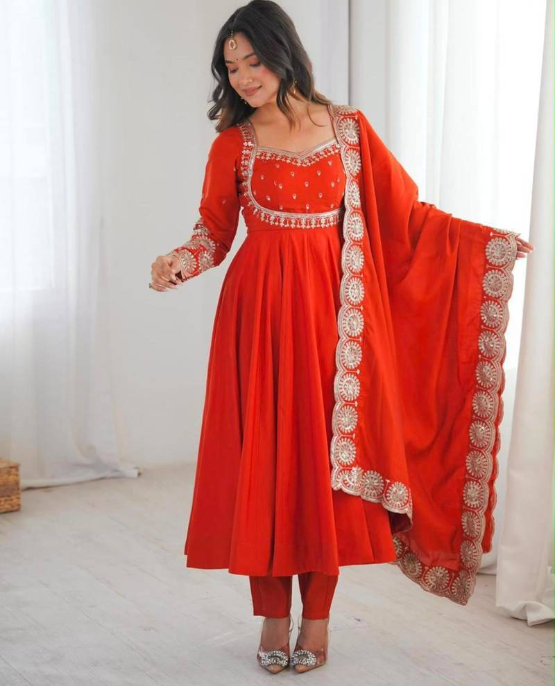 Red silk blend embroidered anarkali set